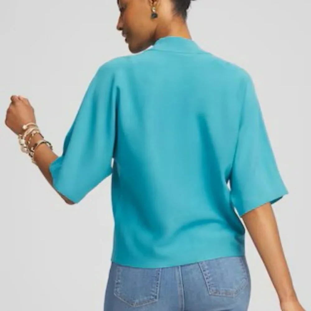 Chico's Teal Sweater Short Sleeve Mock Neck Wide Elbow Sleeves Sz L (2) Soft - Picture 2 of 16